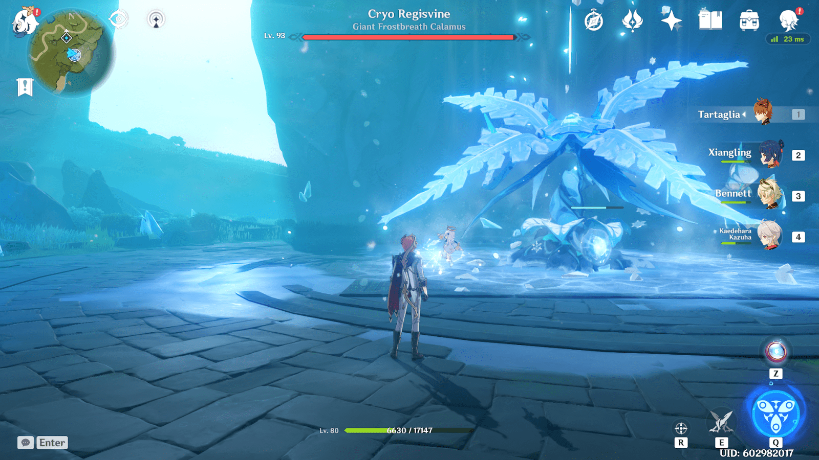 Showing passive range of a Childe equipped with Slingshot (outside the circlet of Cryo Regisvine area)